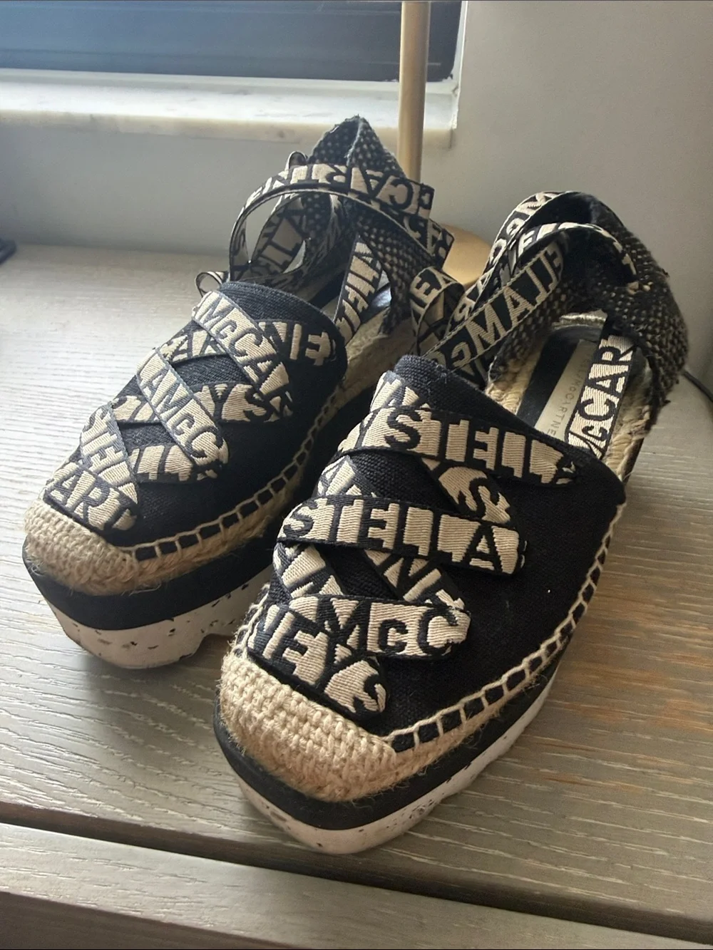 Stella McCartney Black and Cream Logo Espadrille Wedges